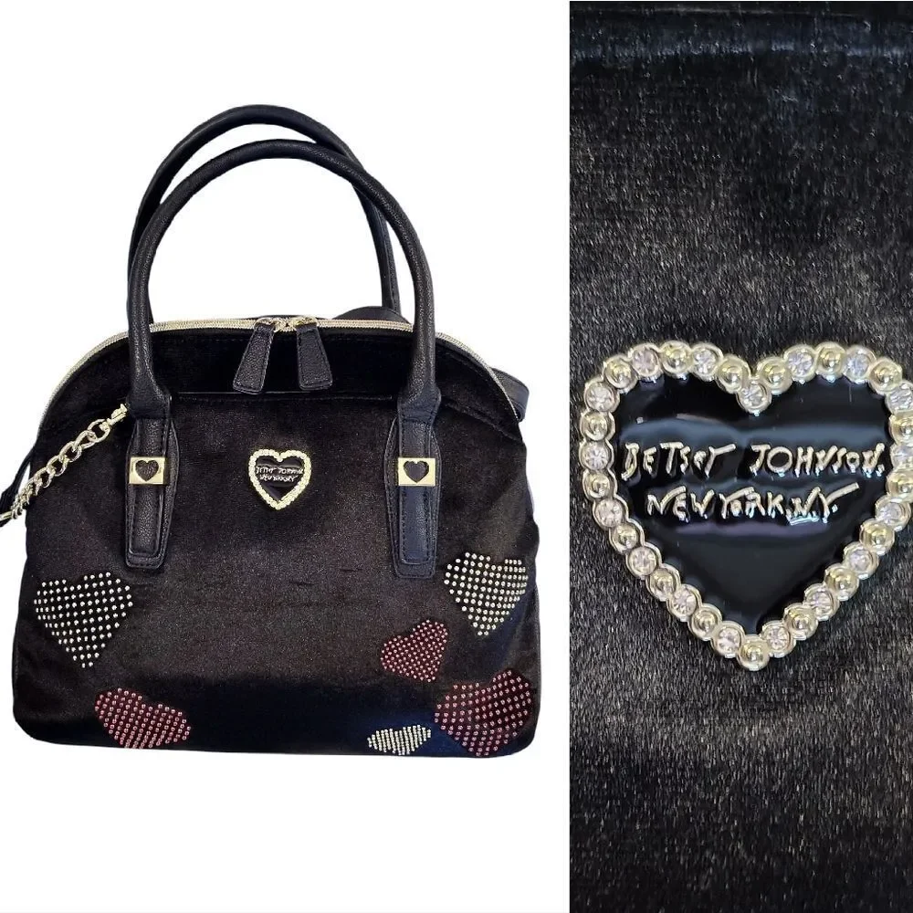 Betsey‎ Johnson Black Velvet Studded Hearts Dome Satchel Crossbody Bag Large